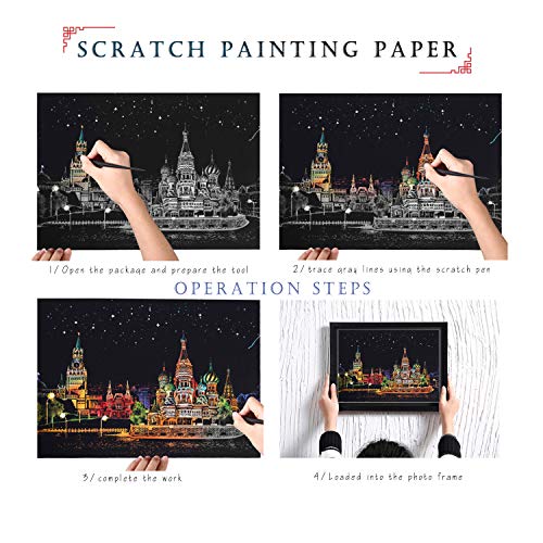 BOTEEN Rainbow Scratch Paper Painting Sketch Pad DIY Art Scenery View Scratchboard for Adults and Kids with 4 Tools&Finished Product,Size:16''x11''(5 Pack)