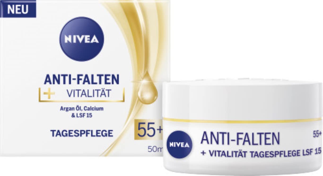 NIVEA Anti-Wrinkle + Vitality Day Cream SPF 15 55+ (50 ml), Face Cream with Argan Oil and Calcium, Day Cream Visibly Reduces Lines and Wrinkles