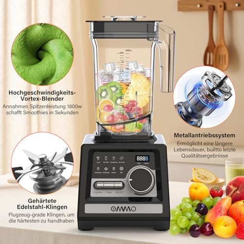 OMMO 2L Professional Blender, 1800W Smoothie Blender with 9 Speed Controllers for Breaking Ice, Milkshake, Frozen Drinks and Fruits, Dishwasher Safe, BPA Free