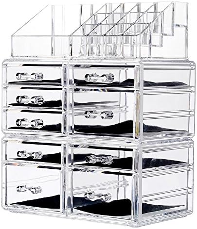 Younghoo 3 Tier Acrylic Jewelry and Cosmetic Storage Makeup Organizer Boxes Case with 9 Drawers, Create Your Own Specially Designed Makeup Counter –Stackable and Interchangeable- 9.5"x6.5"x11.8"