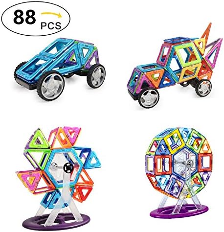 88 Piece Set Magnetic Blocks - Tiles Block Toy Kit for Kids Education Learning - Creativity Building Magnetic Tiles &amp; Blocks - Ferris Wheel &amp; Vehicle Set – Safe &amp; Durable Building Toys