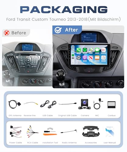 6G+128G 8 Cœurs Autoradio Android pour Ford Transit Custom Tourneo 2013-2018(avec écran), 9'' Carplay Android Auto sans Fil FM/RDS/EQ/DSP WiFi GPS Panoramique 360° Commandes au Volant Caméra Recul