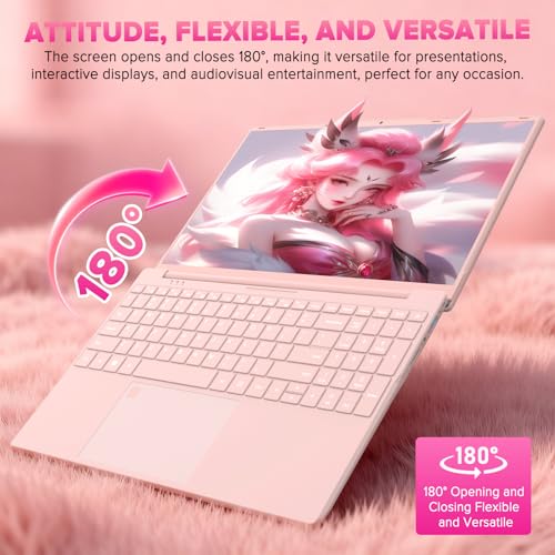 Auusda Lightweight Portable Pink Laptop, Win 11 Pro, 4-Core Processor,15.6" FHD IPS, Backlit Keyboard, Privacy Camera, Fingerprint Reader, USB 3.0, HDMI, for Business Work Study, 8GB RAM 128GB SSD | Backlit Keyboard, Fingerprint Sensor, USB 3.0*2, 6000mAh, Ideal for Student & Business
