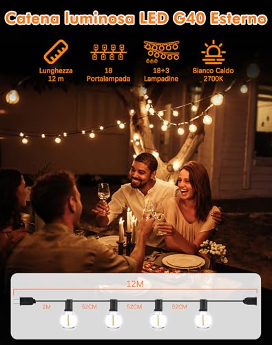 ROVLAK 12 m Outdoor Garden Lights with 18 + 3 G40 LED Bulbs in Plastic, IP44 Waterproof, 2700 K Warm White Lights for Garden, Terrace, Balcony, Home, Party