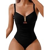 Kaei&Shi One Piece Swimsuit Women Tummy Control,Metal Piece V Wire Bathing Suit,Ruched Corset Cheeky Swimsuits Beach Pool
