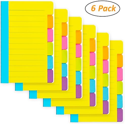 6 Pack Divider Sticky Notes, 60 Ruled Lined Notes,School & Office Supplies,Sticky Journals Page Tabs,4 x 6 Inches,Assorted Neon Colors