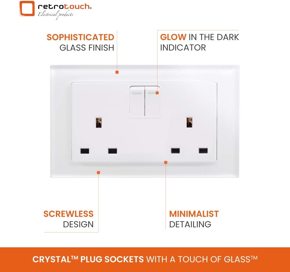 Retrotouch Crystal, Double Plug Socket, Switched, White Glass, 13A, w8 x h86 x d146 mm - Image 5