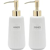 Karisky Kitchen Soap Dispenser Set with Gold Stainless Steel Pump and Funnel, Modern Ceramic Refillable Hand and Dish Soap Dispenser Set for Kitchen, Bathroom, Office, Hotel, Matte White