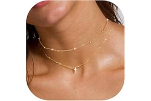 DORANA 14K Gold Layered Cross Necklaces for Women,Tiny Small Sideways Cross Necklace Minimalist Christian Jewelry Gifts for Women Girls,2Pcs