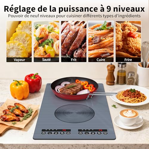 VBGK 2 burner induction hob, 220 V 3000 W double burner hob with LED touch control, 9 power levels, child safety and timer, overheating protection