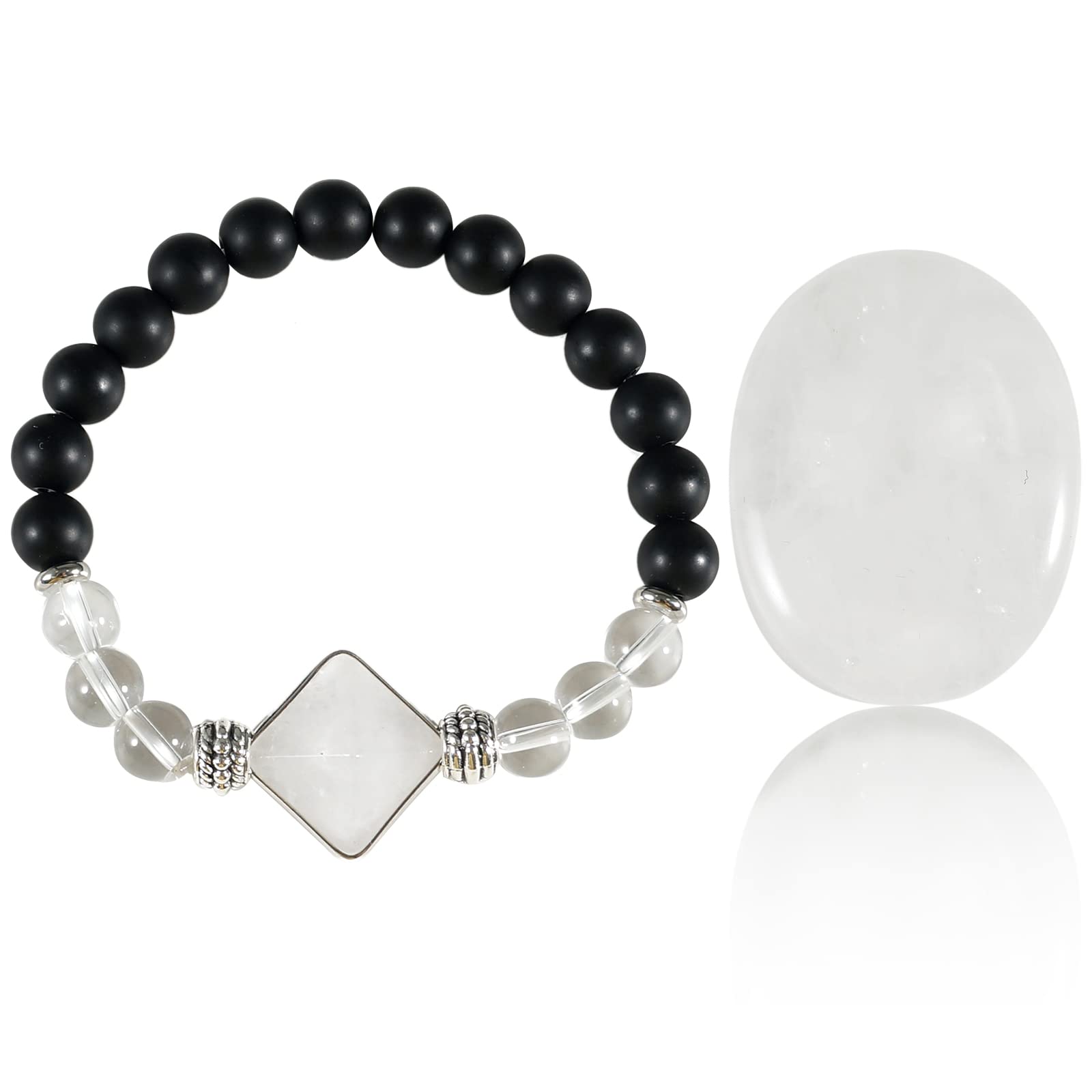 soulnioi Healing Crystal Natural White Crystal Worry Stone Anxiety Thumb Palm Pocket Stones White Crystal Beaded with Pyramid Bracelet for Stress Relief Reiki Healing Meditation