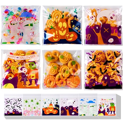 JOYIN 150PCS Halloween Cellophane Treat Bags, Halloween Goodie Candy Bags, Clear Self-adhesive Bag, Plastic Cookie Bag Bulk for Kids Trick or Treating, Classroom Party Favor Supplies in 6 Designs