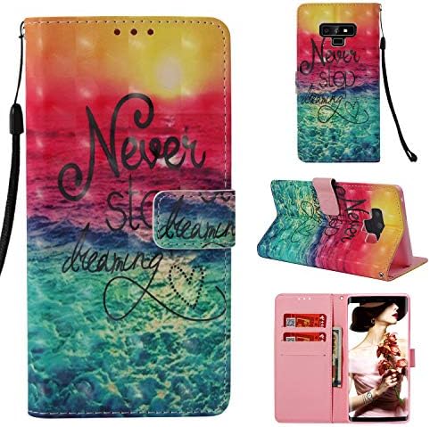 Galaxy Note 9 Case, Never Stop Dreaming Pattern 3D Painting Wristlet Magnetic Wallet Flip Case Stand for Samsung Galaxy Note 9 2018 Release with Stylus