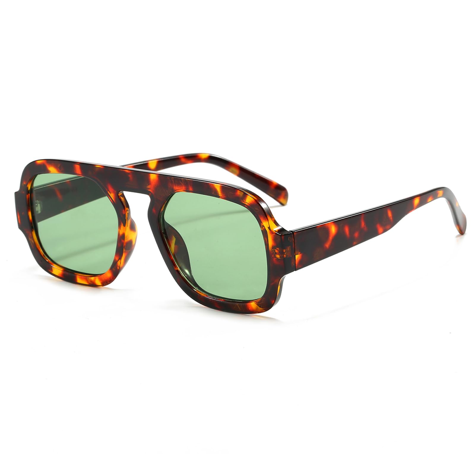 Photo 1 of Long Keeper Retro Square Pilot Sunglasses for Women Men Aviation Square Sun Glasses Flat Top Rectangle 70s Vintage Shades (Leopard Frame - Green Lens)
