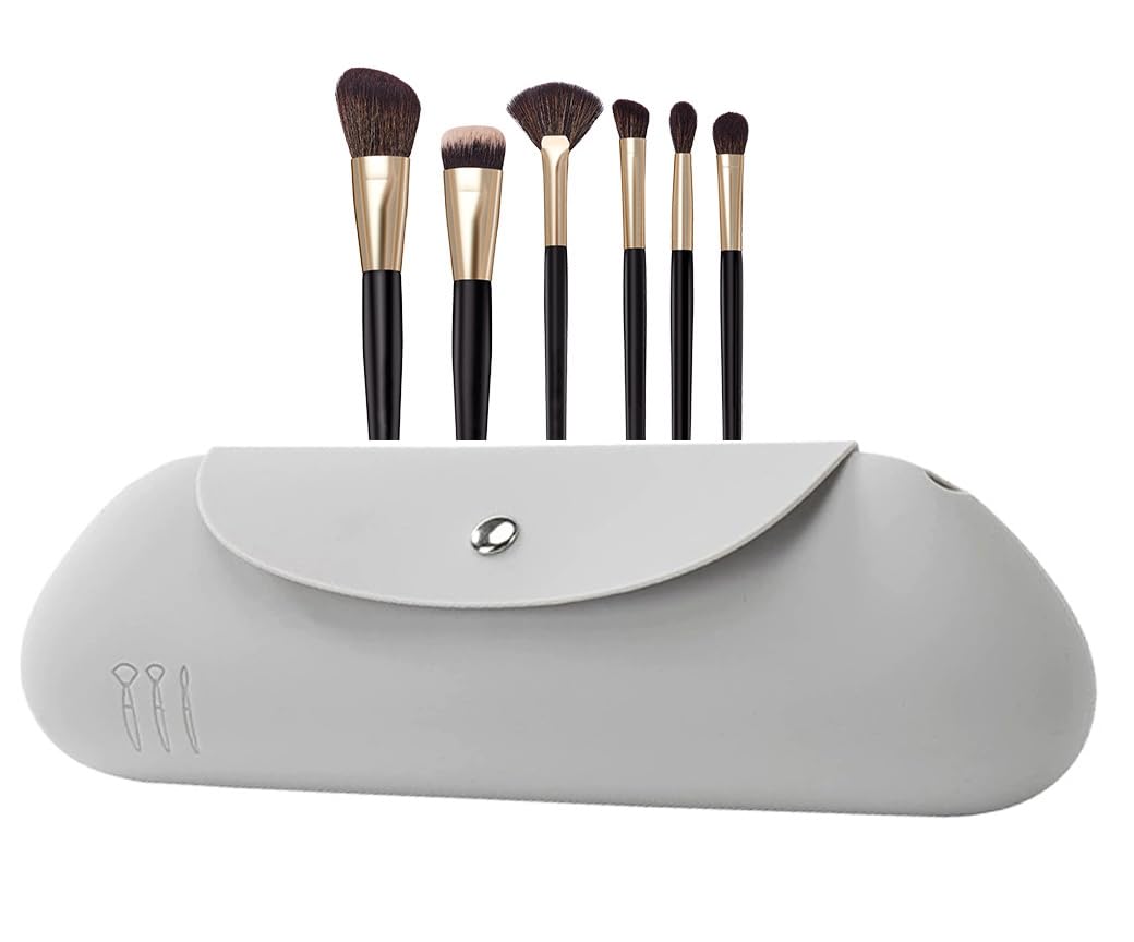 Silicone Makeup Brush Holder Makeup Bag Cosmetic Travel Bag Waterproof Make up Organizer Portable Brushes Case Toiletry Pouch Anti-Fall Out Magnetic Closure Purse Bag (Gray)