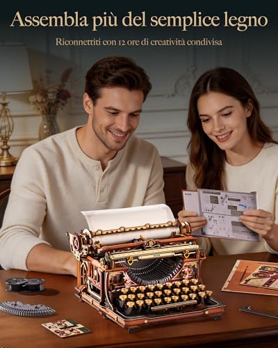 ROKR LK703C Wooden 3D Puzzle Mechanical Typewriter Model DIY Construction Kit for Adults, Retro Desk Furniture, Mechanical Typewriter (Magic Version)