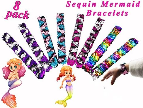 Neathouse 8 Pack Mermaid Sequin Bracelets for Party Favors,Sequin Slap Wristband for Kids,Girls and Young Adults,4-Color,Set of 8
