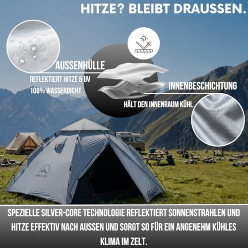 GOALPINE® Atlas IV Pop Up Tent for 2-4 Large People, 100% Waterproof, Set Up in 40 Seconds, 3-in-1 for Camping, Festival & Beach, Slightly Darkened Indoors