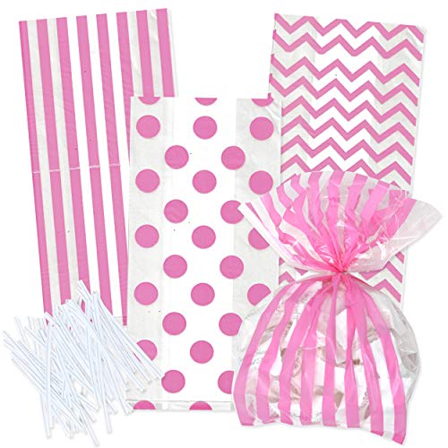 100 Light Pink Cellophane Bags with Twist Ties Pastel Pink for Baby Shower Girl Favor Goodie Bags in Polka Dots, Striped and Chevron Design