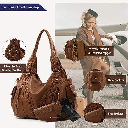 Concealed Carry Womens Satchel Shoulder Bag Ultra Soft Washed Leather Handbags Ladies Roomy Hobo Bag with Detachable Holster SW MWC-G019BR