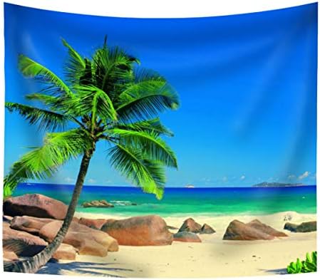 Coco Tree and Stone on Beach Scene Tapestry Sea Summer Landscape Tropical Wall Art for Bedroom Living Room Decoration Modern Contemporary Artwork Table Cloth Bed Spread Cover Hanging Home Decor,51x59