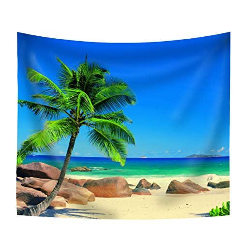 Coco Tree and Stone on Beach Scene Tapestry Sea Summer Landscape Tropical Wall Art for Bedroom Living Room Decoration Modern Contemporary Artwork Table Cloth Bed Spread Cover Hanging Home Decor,51x59