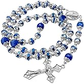 Nazareth Store Deep Blue Crystal Beads Rosary Blue Agate Glory Stone Beaded Necklace Miraculous Medal & Cross Crucifix Religious Rosaries Collection