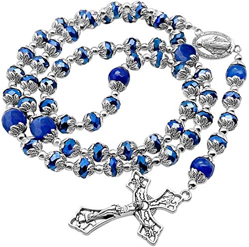Nazareth Store Crystallized Blue 8mm Beads Rosary with Genuine Agate Stones Our Father Beads Miraculous Medal and Silver Cross