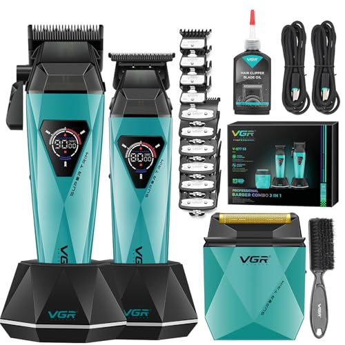 VGR 877S3 Professional Men's Hair Clipper Set, Titanium Coated Cordless Shaver, Trimmer Finish Set with 8000/9000 RPM Motor, Men's Hair Styling Kit with Charging Station, LED Display, Green