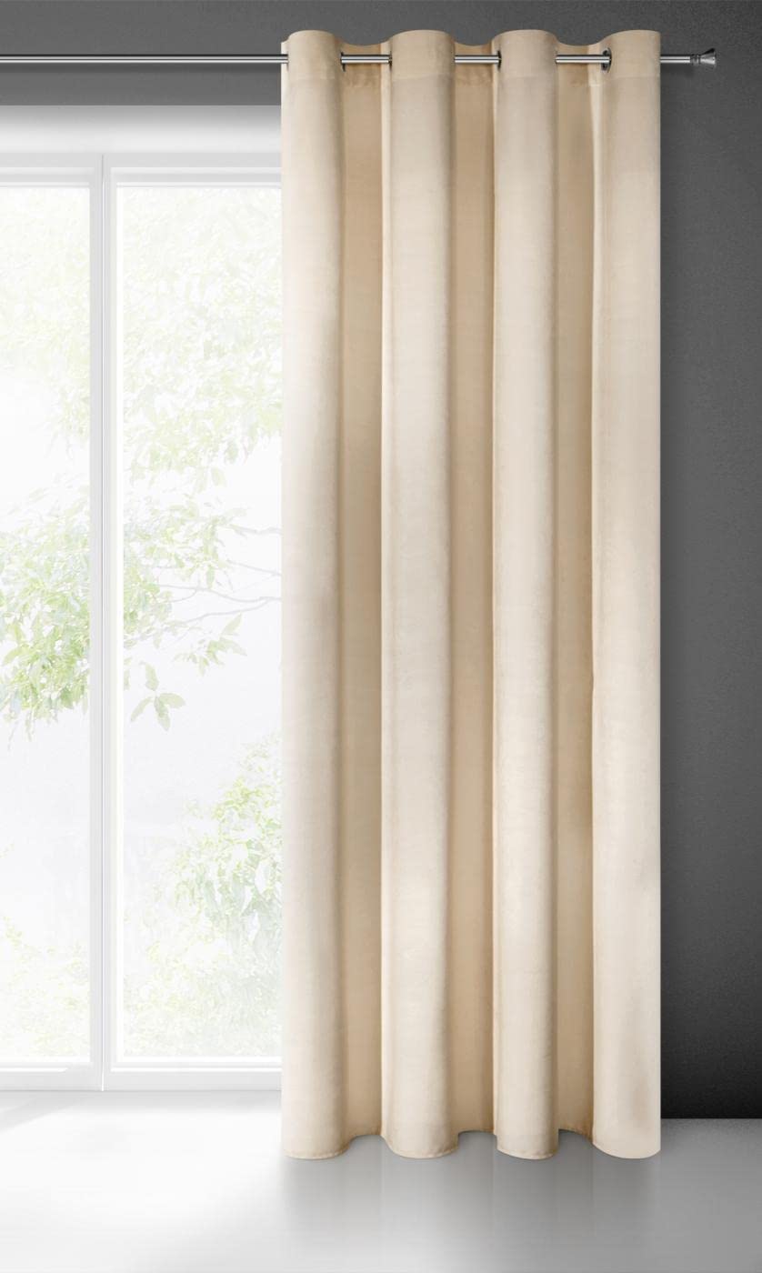 Eurofirany VILLA Soft Plain Opaque Velvet Curtain with Eyelets - 1 Unit, Fluffy Panel Drape Classic Glamour Elegant Living Room, Bedroom, 290 g/m2, W55 x L98, Beige