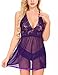 Ababoon Lace Babydoll Lingerie Chemises Sexy Outfits Nightwear G-String Set Purple