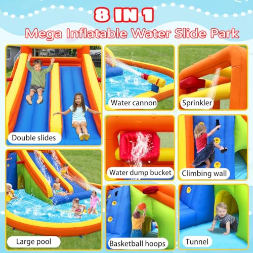 HuaKastro 15.6x15FT Giant Water Slide for Big Kids 5-12, Inflatable Water Park with Big Splash Pool, Dual Tall Slides & 2 Climb Walls for Racing Fun, W/Surprise Water Dump Bucket, Hide&Seek Cave