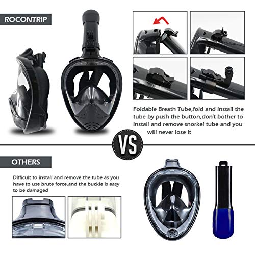 ROCONTRIP Full Face Snorkel Mask, Free Breathing 180° Panoramic View Diving Mask, Anti-Fog Anti-Leak and Adjustable Head Strap Snorkeling Mask for Men Women Adult (Black, L/XL) - Thumbnail 4