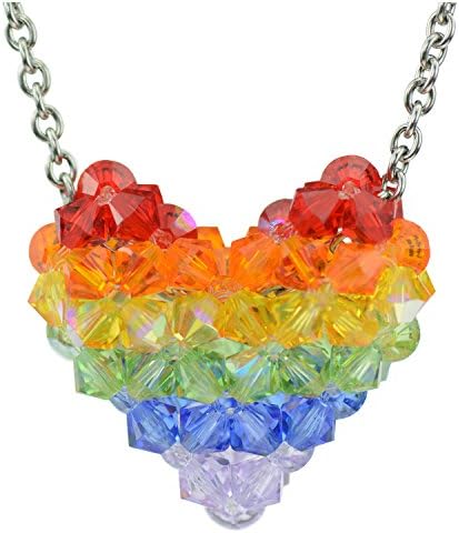 Swarovski Crystal Rainbow Puffy Heart Necklace with Stainless Steel Chain
