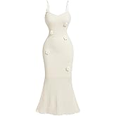 SOLY HUX Women's Summer Cami Midi Dress Floral Appliques V Neck Spaghetti Strap Bodycon Dresses