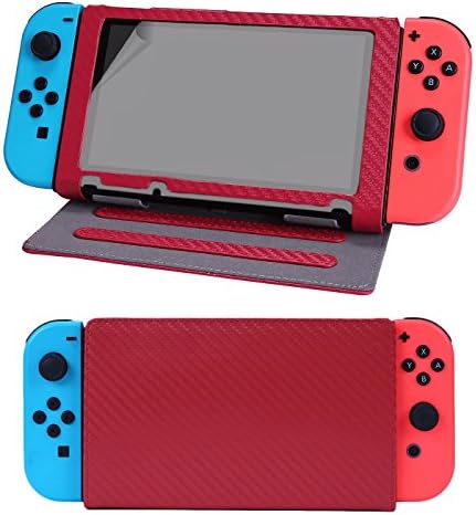 HDE Nintendo Switch Hybrid Cover Case with Included Screen Protector Multi-Angle Ultra Thin Leather Tablet Holder with Carbon Fiber Pattern and Magnetic Closure (Red)