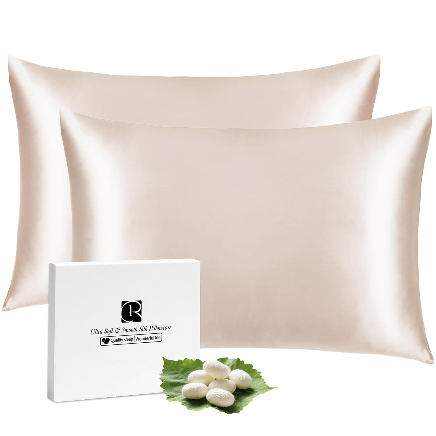 Ravmix Silk Pillowcase for Hair and Skin 21Momme Both Sides Mulberry Silk Pillow Case with Hidden Zipper, 2 Pack, Standard 50×75 CM, Beige — image 1