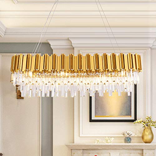 Photo 1 of MEELIGHTING W43.3" Dining Room Modern Crystal Chandelier Lights Luxury Pendant Ceiling Light Oval Raindrop Contemporary Chandeliers Lighting Fixture for Kitchen Island Living Room Gold
