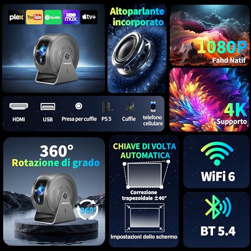 Mini Projector [Integrated Apps & 2026 Upgraded] Support 4K 1080P, Portable Projector Auto Focus/Keystone with WiFi 6 and Bluetooth 5.4 Correction 360°Rotation, Mini Projector Home Theater – Grey