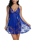 Avidlove Women Lingerie Strap Semi-Sheer Babydoll Polyeater Teddy Patchwork Nightwear Blue (FBA) S