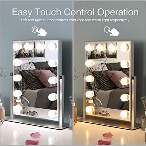 Ovonni Vanity Makeup Hollywood Mirror with 12 Detachable LED Bulbs and 2 Replacement Bulbs 2 Colors Touch Control Dimmable Brightness 360° Rotating for Bedroom Dressing Table(12 bulbs, Sliver) - Thumbnail 2