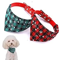 GETIEN Dog Collar Christmas Bandana Plaid Adjustable Pu Leather Pet Collars Triangle Scarf for Small Medium Dogs Cats 2 Packs (Plaid, M)