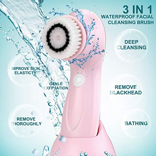 Facial Cleanser Brush, 3 in 1 Electric Rotating Facial Cleansing Brush USB Rechargeable Sonic Face Cleaners Scrubber SPA Skin Care Tool Beauty Instrument ((Pink)