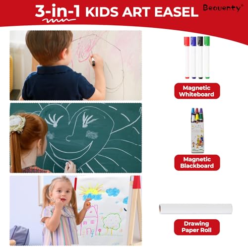Beauenty Kids Art Easel, Double-Sided Whiteboard & Chalkboard, Wooden Standing Easel with Storage Bins, Includes Magnets, Chalk, Markers, Stickers, 68-120cm Height (Style 1)