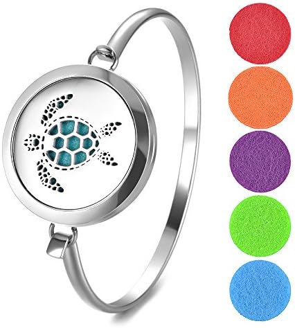 Garden Charms Hollow Turtle Stainless Steel Essential Oils Diffuser Bracelet Aromatherapy Locket Bangle with 5 Pieces Felt Pads (GCVA452)
