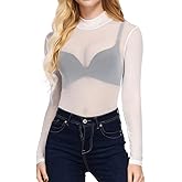 Womens Sheer Mesh Tops Shirts, Long Sleeve Mock Neck See-Through Slim Ladies Blouse T-Shirt Clubwear