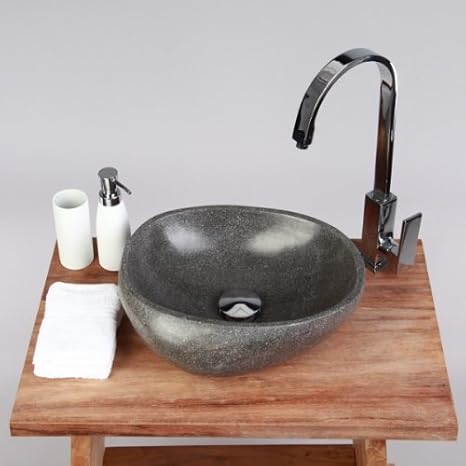 wohnfreuden Naturstein Waschbecken Waschbecken aus Stein rund 30 cm für Waschtisch Unterschrank im Gäste WC Bad