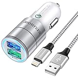 JOOMFEEN Car Charger Compatible with iPhone 11 Pro Max/11/XS Max/XS/XR/X/8/7 Plus/7/6S/6/5S/5C/SE/5,iPad Pro/Air/Mini, with 3ft Charging Cable, Quick Charger 3.0&2.4A Dual Fast USB Car Charger Adapter
