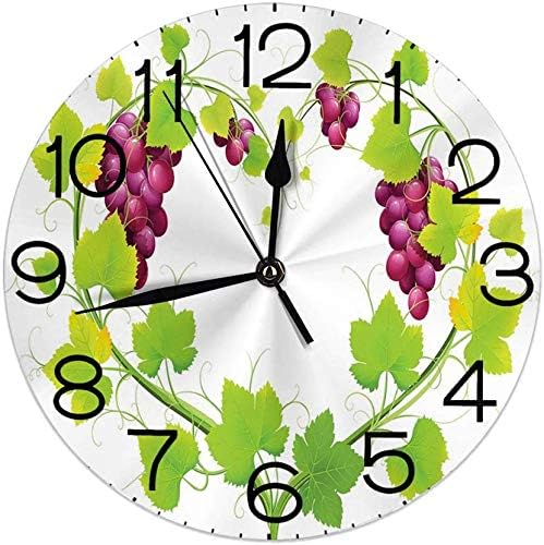 Ouzhou21 Round Wall Clock Home Decorative, Heart Shaped Out of Grapevine Love Nature Themed Digital Art Botany s Print for Living Room Office Bedroom