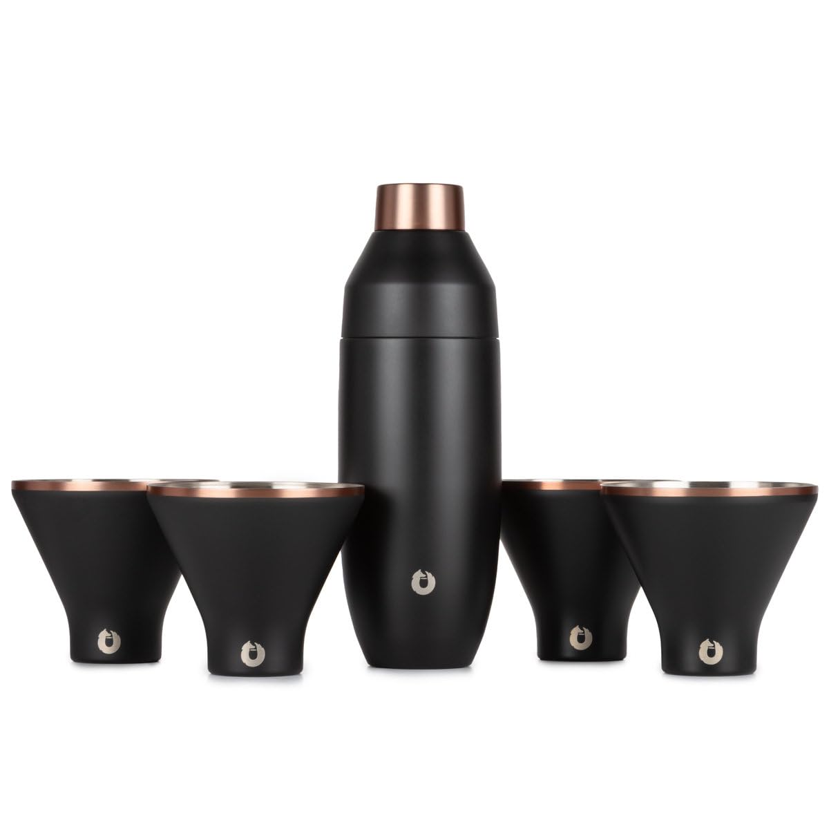 Snowfox Premium Vacuum Insulated Stainless Steel 22oz Cocktail Shaker and 4 Martini Glass Set, Home Bar Accessories, Elegant Drink Mixer, Leak Proof Lid & Built In Strainer, Gift Box, Black/Gold